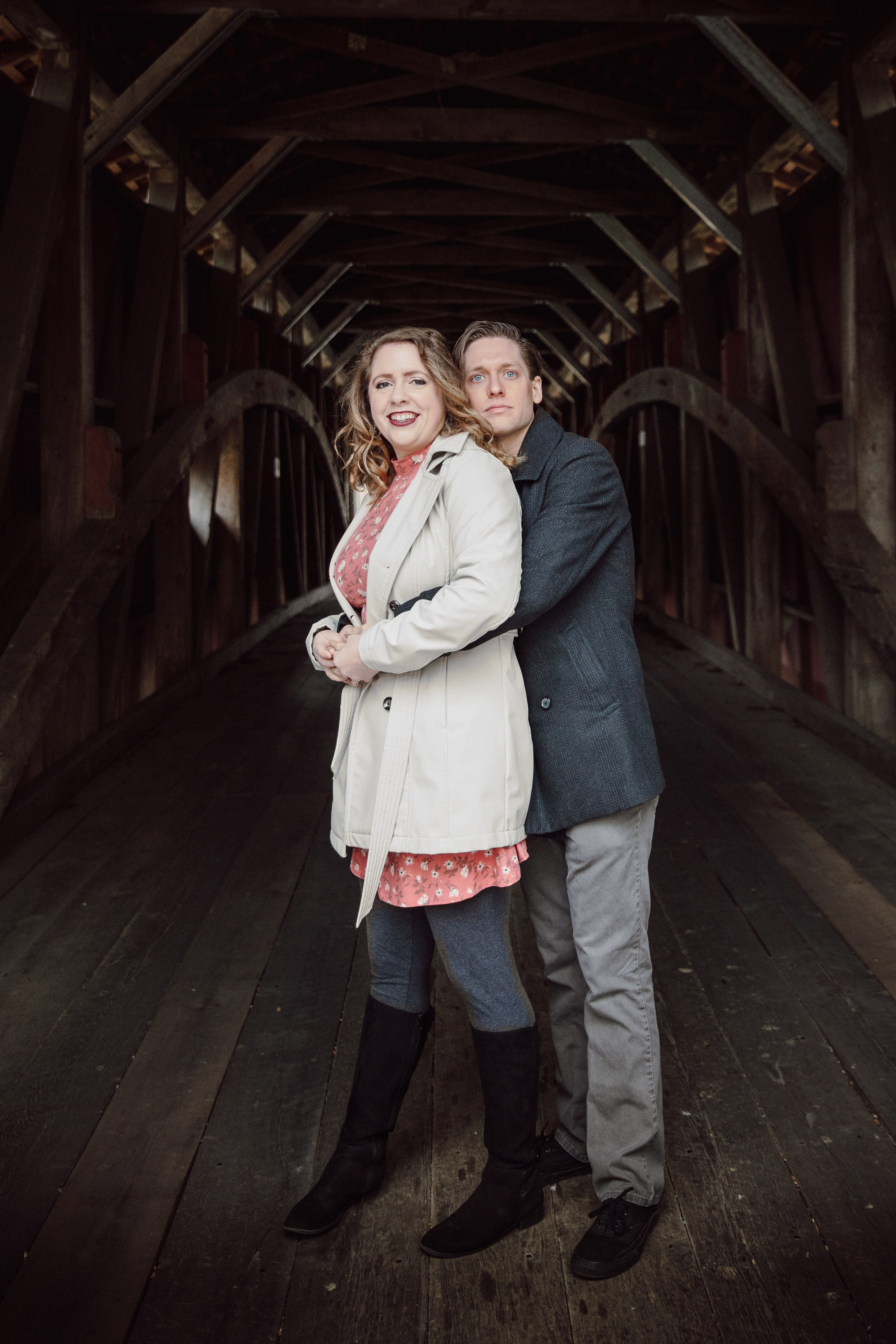 The author and her husband standing in the Covered Bridge at the Lancaster County Park.