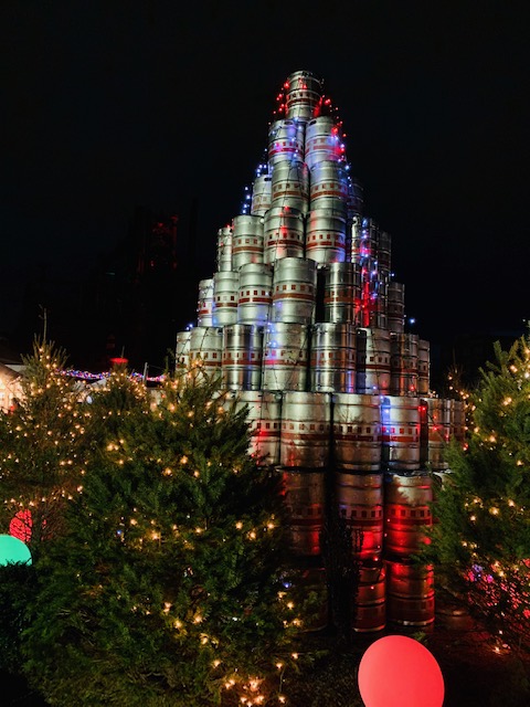 A Christmas tree made out of beer kegs and lights at the Bethlehem Christmas Market